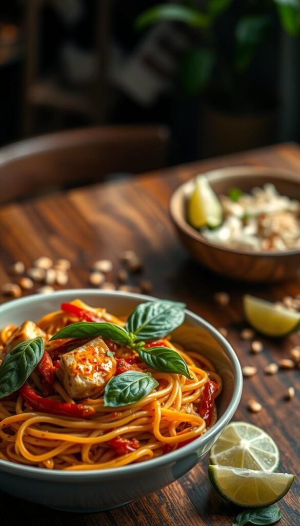 A tantalizing dish of spicy Thai basil pasta, the noodles glistening with a vibrant, aromatic sauce. In the foreground, a steaming bowl filled with tender chicken or tofu, sliced red chilies, and fresh Thai basil leaves, their deep green hues contrasting beautifully. The middle ground features a wooden table, its surface dotted with crushed peanuts and a scattering of lime wedges, ready to add a final burst of acidity. Soft, indirect lighting casts a warm, inviting glow, creating an intimate, cozy atmosphere. The overall scene evokes the flavors and textures of a authentic Thai street food experience, ready to delight the senses of any adventurous foodie couple.