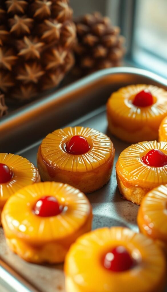 A tray of perfectly formed mini pineapple upside down cakes, their golden-brown exteriors glistening under soft, warm lighting. Each one features a vibrant pineapple ring nestled atop a fluffy, caramelized cake, with a single maraschino cherry adding a bright pop of color. The cakes are arranged in an aesthetically pleasing manner, with a shallow depth of field highlighting their petite, delectable size. The overall scene exudes a cozy, comforting atmosphere, inviting the viewer to imagine sinking their teeth into the moist, flavorful treats.