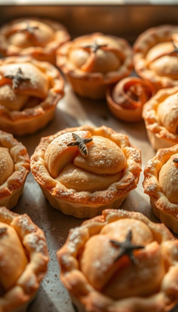 A tray of tempting mini apple pies, freshly baked with golden brown crusts. The bite-sized treats are arranged neatly, their flaky pastry tops dusted with powdered sugar. The warm, spiced aroma of cinnamon and nutmeg wafts through the air, creating a cozy, inviting atmosphere. The pies are illuminated by soft, natural lighting, casting gentle shadows that accentuate their delicate curves. The background is blurred, allowing the mouthwatering miniatures to take center stage, ready to be savored as a comforting late-night snack.