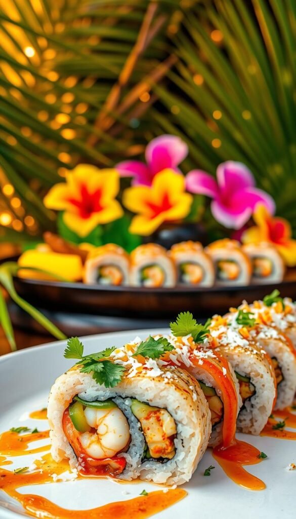 A vibrant Caribbean-inspired sushi roll comes to life on the plate. In the foreground, a carefully crafted sushi roll bursts with colors and textures - succulent jerk-marinated shrimp, crisp veggies, and a drizzle of spicy Caribbean-style sauce. The middle ground showcases a beautifully plated sushi arrangement, with garnishes of fresh cilantro, sliced mango, and toasted coconut flakes. The background features a tropical setting, with lush palm fronds, vibrant hibiscus flowers, and warm, golden lighting that creates a captivating, island-inspired ambiance. Captured with a close-up, high-resolution lens, this image exudes the bold, flavorful fusion of Caribbean and Japanese cuisines.