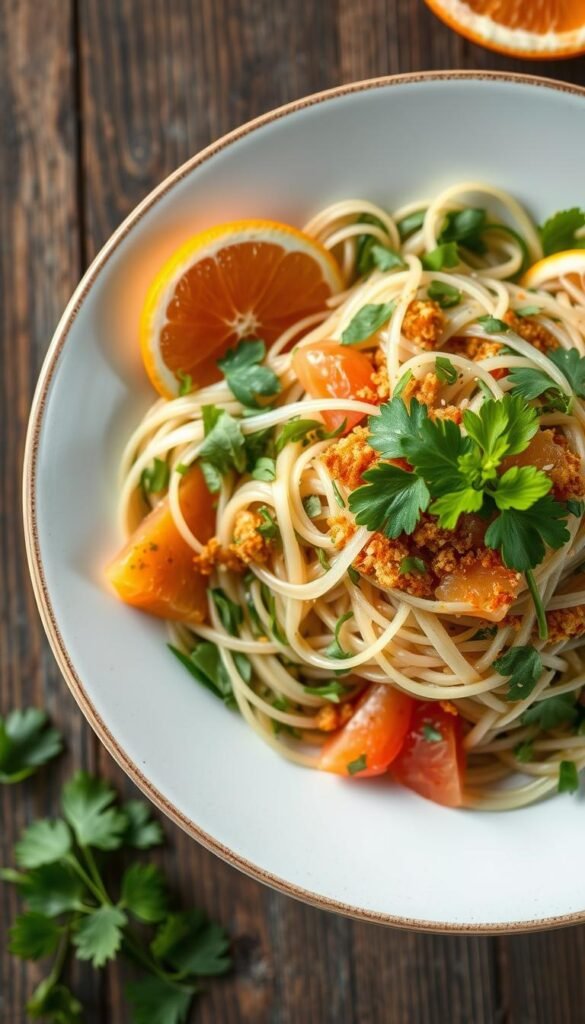 A vibrant Vietnamese citrus noodle salad, its delicate rice noodles intertwined with fresh herbs, crisp vegetables, and zesty citrus. A medley of textures and flavors - crunchy fried yuba, juicy segments of orange and grapefruit, and a tangy, aromatic dressing. Captured in a soft, diffused light that accentuates the fresh, garden-like qualities. Photographed from a high angle, showcasing the intricate interplay of ingredients on a rustic wooden surface, evoking a sense of simplicity and natural elegance.