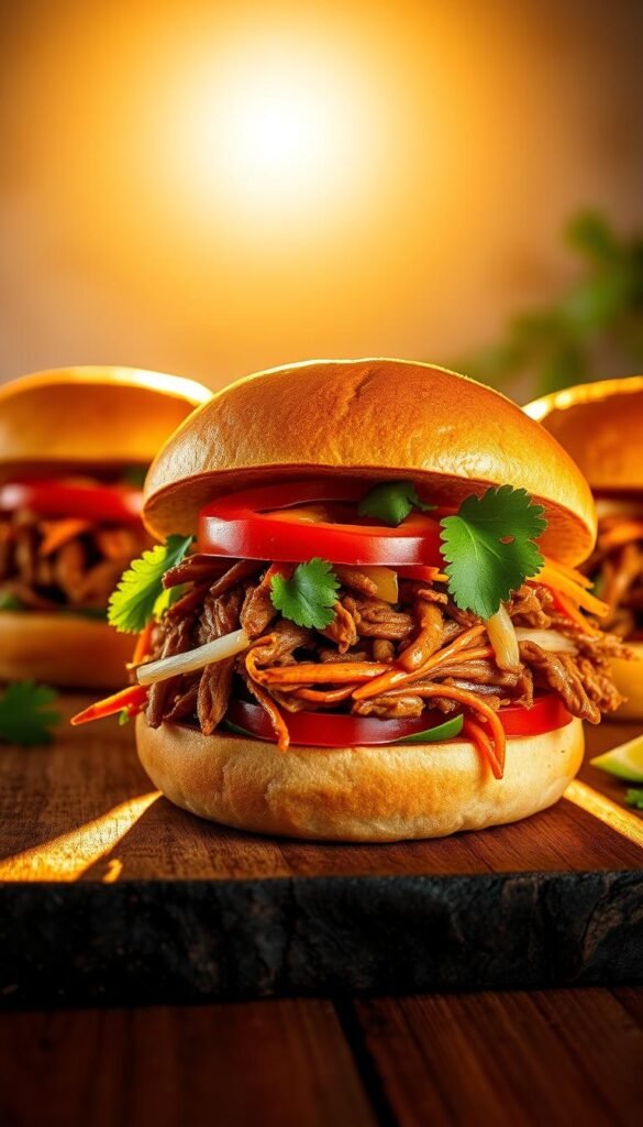 A vibrant Vietnamese-inspired fusion burger scene, with a freshly baked baguette serving as the bun, overflowing with shredded pork, pickled carrots and daikon, fresh cilantro, and a drizzle of spicy sriracha mayo. Juicy tomato wedges and crisp lettuce leaves add a pop of color and crunch. The burgers are backlit by a warm, sunset-hued glow, casting long shadows on a rustic wooden surface. Overhead, a soft, diffused light creates depth and highlights the textures of the ingredients. The overall mood is one of mouthwatering temptation and cultural fusion, inviting the viewer to take a bold, flavorful bite.