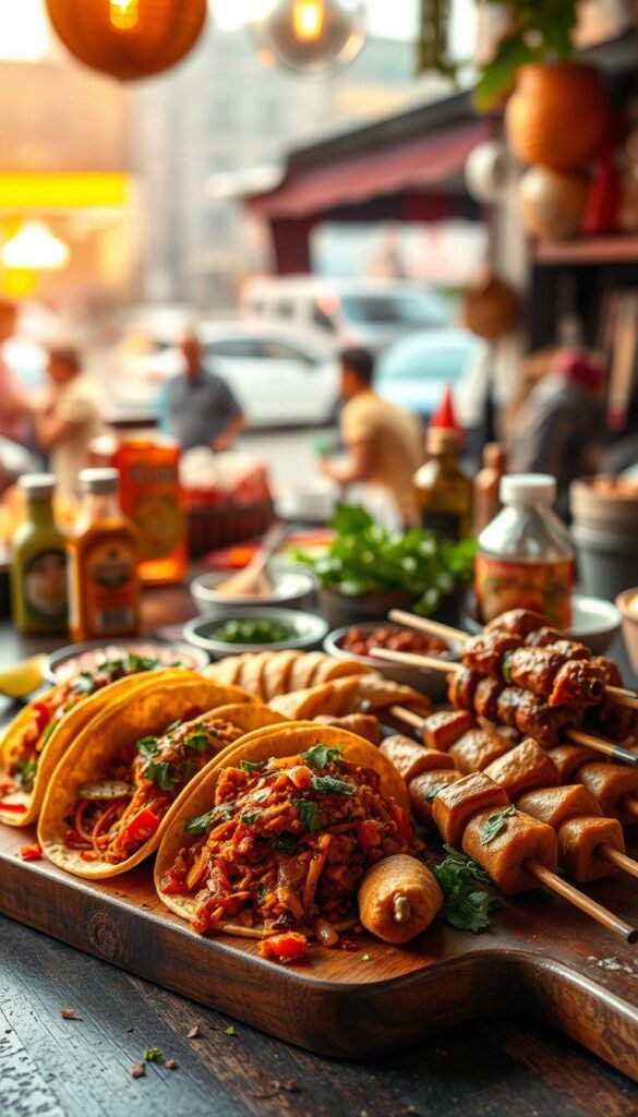 A vibrant and flavorful still life capturing the essence of global street food brought to life in a home kitchen. In the foreground, a wooden board is adorned with an array of colorful ingredients - sizzling street-style tacos, fragrant curry-spiced samosas, and skewers of juicy satay. Backlit by warm, soft lighting, the middle ground reveals a collection of spices, herbs, and condiments, hinting at the rich layered flavors. The background has a blurred, out-of-focus cityscape, evoking the bustling energy of a lively street market. The overall mood is one of comfort, nostalgia, and a sense of culinary adventure, inviting the viewer to recreate the tastes of the world in their own home.