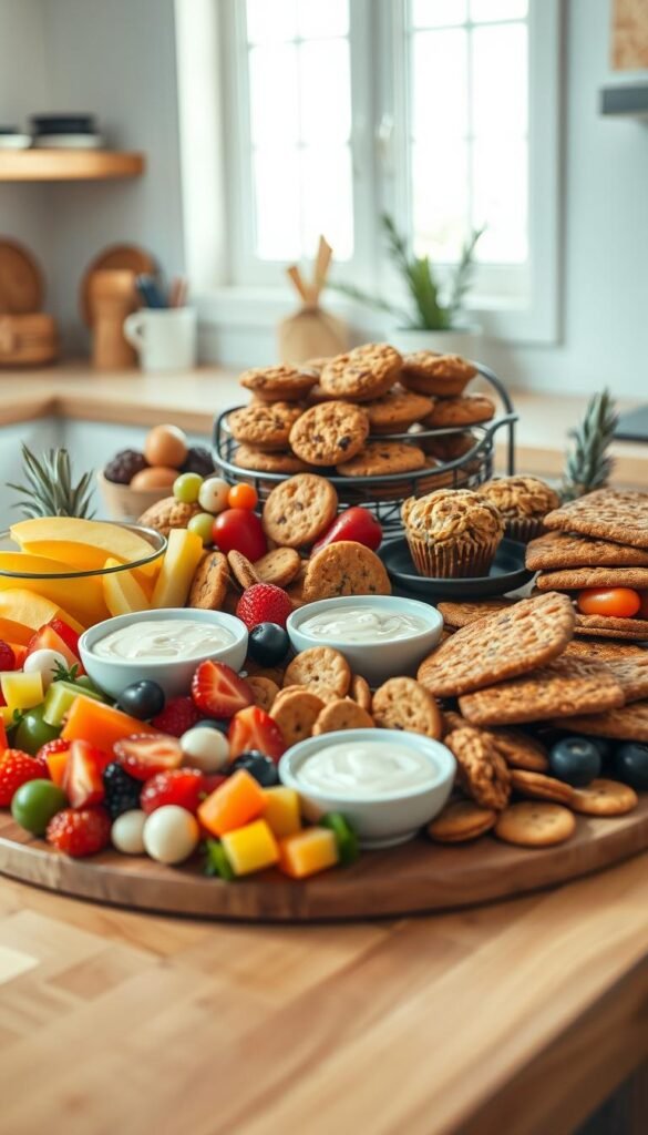 A vibrant, appetizing arrangement of various nut-free snacks and treats, artfully displayed on a natural wooden surface. In the foreground, a selection of colorful, bite-sized items such as fresh fruits, vegetable crudités, crackers, and dairy-free dips. The middle ground features an assortment of baked goods, including muffins, cookies, and granola bars, all free of nuts. The background showcases a clean, minimalist kitchen setting with soft, natural lighting filtering in from a nearby window, casting a warm, inviting glow over the scene. The overall composition conveys a sense of health, inclusivity, and culinary delight, perfect for a celebration catering to those with nut allergies.