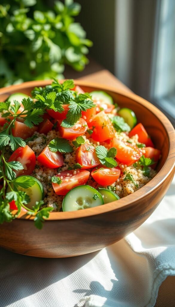 A vibrant, appetizing make-ahead quinoa salad nestled in a wooden bowl, with fresh cucumber slices, juicy tomato wedges, and an abundance of aromatic herbs like parsley, basil, and mint cascading over the top. The salad is illuminated by soft, natural lighting, casting gentle shadows and creating a tranquil, garden-inspired ambiance. The image is captured at a slight angle, giving it a welcoming, inviting composition that showcases the textures and colors of the ingredients. The overall mood is one of freshness, healthfulness, and the rustic charm of a homemade, seasonal dish perfect for a stunning garden wedding.