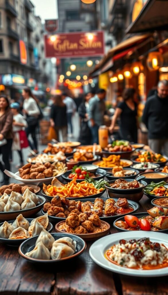 A vibrant array of global street food-inspired small plates fills the frame, artfully arranged on a rustic wooden table. In the foreground, steaming dumplings, skewered meats, and fragrant curries beckon, their colors and textures creating a visually captivating display. The middle ground features a variety of finger foods, from crispy falafel to aromatic empanadas, each item a testament to the diverse culinary traditions of the world. In the background, a bustling urban scene is hinted at, with the faint glow of street lamps and the silhouettes of passersby, adding to the lively, cosmopolitan atmosphere. The lighting is soft and warm, casting a comforting glow over the scene, inviting the viewer to indulge in this global gastronomic journey.
