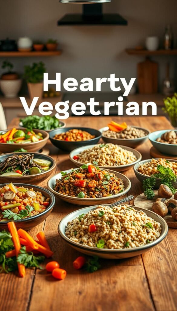 A vibrant array of hearty vegetarian dishes arranged on a rustic wooden table, bathed in warm, inviting lighting. In the foreground, a variety of colorful vegetables, grains, and plant-based proteins take center stage, showcasing the diversity and richness of meatless cuisine. In the middle ground, meticulously prepared meals, such as a hearty lentil stew, a flavorful quinoa salad, and a creamy mushroom risotto, create a tantalizing visual feast. The background features a minimalist, yet cozy kitchen setting, with natural textures and earthy tones that complement the nourishing, wholesome vibe. This image embodies the essence of "Hearty Vegetarian Mains," capturing the inviting, satisfying, and visually appealing nature of plant-based dishes.