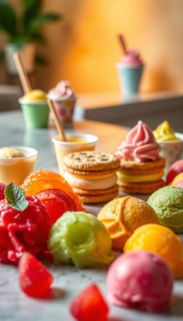 A vibrant array of vegan sorbets and ice creams, displayed on a sleek, modern table. In the foreground, an array of vibrant, sorbet-filled scoops in shades of ruby red, lush green, and sunny yellow. The middle ground features artfully crafted ice cream sandwiches, with creamy non-dairy "ice cream" layered between soft, chewy vegan cookies. In the background, a selection of mini vegan ice cream cups in playful, pastel hues. Soft, diffused lighting casts a warm glow, highlighting the inviting textures and refreshing colors. The overall scene exudes a sense of whimsical delight, perfect for showcasing these irresistible plant-based desserts.