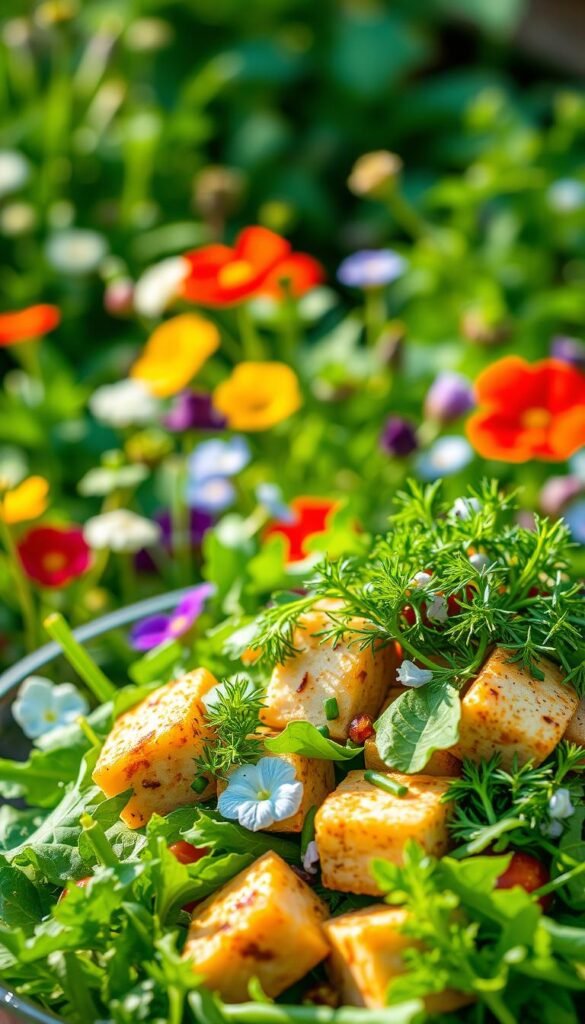 A vibrant, artfully arranged vegan tofu and herb salad, set against a backdrop of lush greenery and delicate flowers. In the foreground, a bed of fresh, crisp mixed greens is topped with marinated tofu cubes, adorned with a variety of aromatic herbs - fragrant basil, dill, and chives. The middle ground features a scattering of edible flowers, such as vibrant nasturtiums and delicate borage blossoms, adding a touch of whimsy. Soft, diffused natural lighting casts a warm, garden-fresh glow over the scene, creating a serene and inviting atmosphere. The overall composition is visually balanced, with the vibrant colors and textures of the salad elements drawing the eye inward, evoking a sense of freshness and vitality.