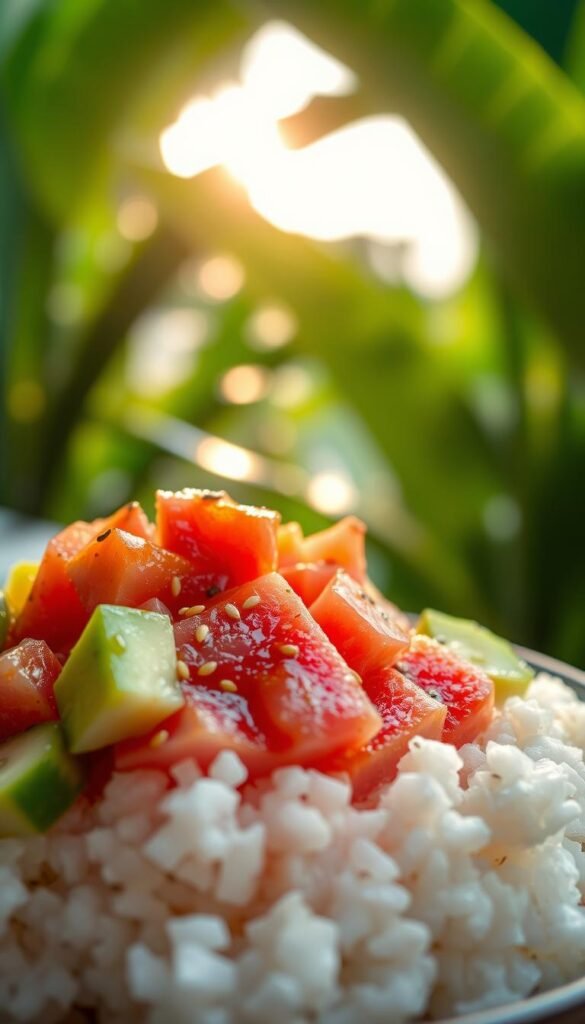 A vibrant bowl of tuna poke, a delightful fusion of Hawaiian and Japanese flavors. In the foreground, fresh, sashimi-grade tuna cubes glisten with a drizzle of ponzu sauce, complemented by diced avocado, crunchy cucumber, and fragrant sesame seeds. The middle ground features a bed of fluffy sushi rice, infused with the tangy notes of rice vinegar. In the background, lush tropical greenery and a hint of the sun's warm glow create a serene, island-inspired atmosphere. Captured with a shallow depth of field, highlighting the textural interplay and vibrant colors of this modern, Hawaiian-Japanese culinary masterpiece.