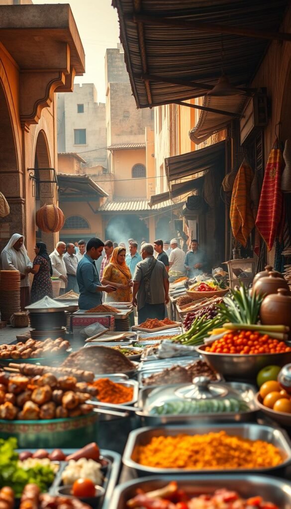 A vibrant, bustling African and Middle Eastern street market, showcasing an array of mouthwatering delicacies. In the foreground, an assortment of sizzling kebabs, fragrant spices, and colorful vegetable displays catch the eye. In the middle ground, vendors hawk their wares, their faces alive with energy and hospitality. The background reveals a tapestry of architectural styles, from ornate stone archways to corrugated tin roofs, all bathed in warm, golden sunlight. The air is thick with the tantalizing aroma of spices, grilled meats, and freshly baked flatbreads. An atmosphere of cultural richness and culinary adventure pervades the scene, inviting the viewer to explore and savor the global street food gems on offer.