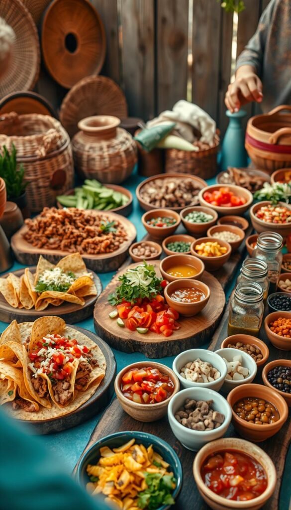 A vibrant, colorful taco bar set up with an array of fresh ingredients, toppings, and condiments artfully arranged on wooden platters and rustic serving trays. The scene is bathed in warm, natural lighting creating a cozy, inviting atmosphere, captured from a slightly overhead angle to showcase the interactive display. In the foreground, crunchy taco shells, juicy seasoned meats, diced tomatoes, shredded lettuce, and a rainbow of vibrant salsas invite the viewer to craft their perfect taco. The middle ground showcases unique serving vessels like terracotta bowls, jars, and ramekins overflowing with toppings and garnishes. The background hints at a casual, laidback setting with woven baskets, textured fabrics, and a wooden backdrop, evoking a relaxed, convivial atmosphere.