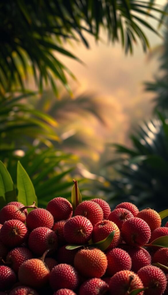 A vibrant display of luscious lychee fruits set against a backdrop of tropical foliage. In the foreground, a carefully curated arrangement of the exotic fruits, their delicate pink shells glistening under the soft, warm lighting. The middle ground features lush, verdant leaves and fronds, creating a lush, jungle-like ambiance. In the distance, a hazy, dreamlike atmosphere evokes a sense of faraway, tropical paradise. The composition is balanced and visually striking, drawing the viewer's eye to the captivating centerpiece of the succulent lychee fruits. The overall mood is one of alluring elegance and sensual indulgence, perfectly suited to illustrate the "Lychee Love" section of the article.