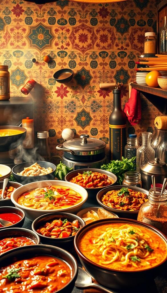 A vibrant global kitchen, filled with the aromas of sizzling spices and simmering flavors. In the foreground, a diverse array of comfort food classics - steaming bowls of ramen, soulful curries, and hearty empanadas. Mouthwatering ingredients mingle, creating a melting pot of international influences. The middle ground showcases an eclectic collection of seasonings, herbs, and traditional cookware - the tools that transform these beloved dishes. In the background, a tapestry of cultural motifs and patterns, hinting at the rich heritage behind each culinary tradition. Warm, inviting lighting casts a golden glow, evoking a sense of comfort and familiarity. This image captures the universal appeal and evolution of comfort food, as it embraces the diverse flavors of the world. A vibrant global kitchen, filled with the aromas of sizzling spices and simmering flavors. In the foreground, a diverse array of comfort food classics - steaming bowls of ramen, soulful curries, and hearty empanadas. Mouthwatering ingredients mingle, creating a melting pot of international influences. The middle ground showcases an eclectic collection of seasonings, herbs, and traditional cookware - the tools that transform these beloved dishes. In the background, a tapestry of cultural motifs and patterns, hinting at the rich heritage behind each culinary tradition. Warm, inviting lighting casts a golden glow, evoking a sense of comfort and familiarity. This image captures the universal appeal and evolution of comfort food, as it embraces the diverse flavors of the world.