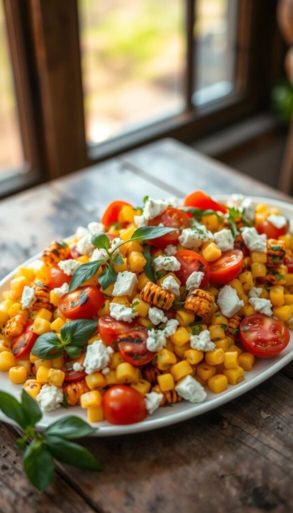 A vibrant grilled corn, tomato, and feta salad sits atop a wooden table, bathed in soft, natural lighting. Freshly charred corn kernels mingle with juicy ripe tomatoes, crumbled feta, and a sprinkling of fragrant herbs, creating a visually stunning and appetizing composition. The salad is arranged artfully, with the ingredients strategically placed to highlight their colors and textures. The table has a rustic, weathered surface, providing a perfect backdrop to the fresh, summery dish. The overall mood is one of relaxed elegance, evoking the tranquil setting of a bountiful garden wedding.