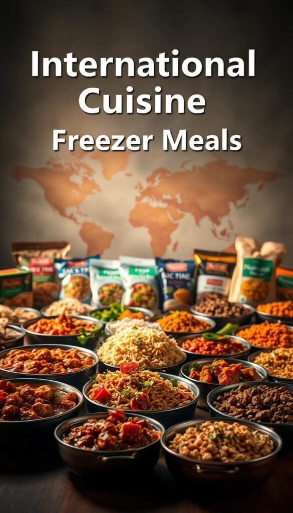 A vibrant, international culinary arrangement featuring an array of delectable frozen meals. In the foreground, an assortment of expertly crafted dishes from around the world, including spicy curries, hearty stews, and fragrant rice dishes, arranged against a muted background. Warm lighting casts a cozy, inviting glow, highlighting the rich colors and textures of the frozen meals. The middle ground showcases various packaging and containers, reflecting the diversity and convenience of these international cuisine options. In the background, a subtly blurred world map or globe symbolizes the global influences and inspirations behind these freezer-friendly recipes. The overall atmosphere conveys a sense of cultural exploration and culinary adventure, perfectly capturing the essence of "International Cuisine Freezer Meals".