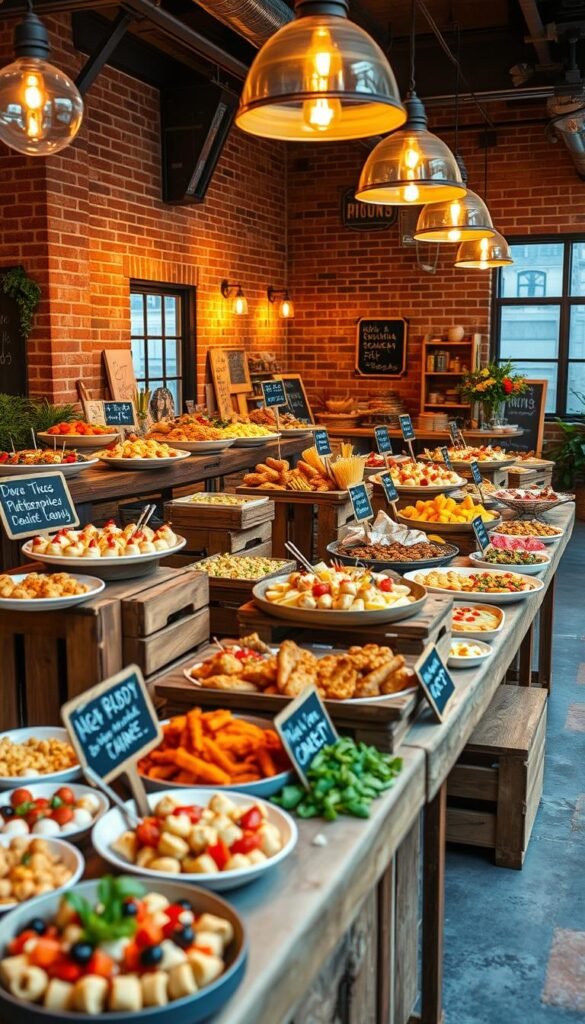A vibrant scene of budget-friendly interactive food stations set against a warm, inviting backdrop. In the foreground, a variety of colorful, artfully-arranged dishes and platters brimming with delectable appetizers, finger foods, and small bites. The middle ground features a mix of rustic wooden crates, chalkboard signs, and playful food-themed props, creating a casual, DIY-inspired ambiance. In the background, a softly-lit, industrial-style space with exposed brick walls and polished concrete floors, lending an urban, loft-like atmosphere. Warm lighting from overhead pendant fixtures and task lighting illuminate the scene, casting a cozy, convivial glow. The overall mood is one of approachable elegance, inviting guests to explore and sample a diverse array of budget-friendly, yet visually-striking culinary delights.