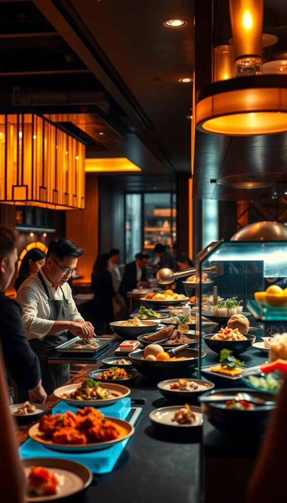 A vibrant scene showcasing the latest culinary entertainment trends. In the foreground, a lively interactive food station with a skilled chef engaging guests, preparing exotic dishes with flair. The middle ground features a variety of visually striking food presentation styles, including molecular gastronomy, interactive food displays, and live cooking demonstrations. The background sets the mood with an elegant, dimly lit restaurant interior, warm overhead lighting, and a modern, minimalist design aesthetic. The overall atmosphere exudes a sense of excitement, innovation, and an immersive dining experience that captivates the senses.