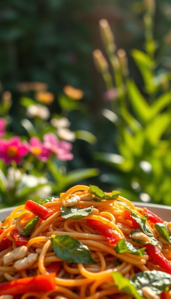 A vibrant spicy peanut noodle salad, its enticing aroma wafting through a sun-dappled garden. In the foreground, a tumble of springy noodles, tossed with crunchy red peppers, crisp cucumbers, and fragrant basil leaves. Scattered peanuts add texture and a subtle nutty flavor. The middle ground showcases the fresh, verdant greens of the garden, with delicate floral accents. Backlighting from the sun creates a warm, golden glow, illuminating the dish and lending an inviting, al fresco atmosphere. The depth of field is slightly blurred, drawing the eye to the vibrant, appetizing salad at the center of the frame.