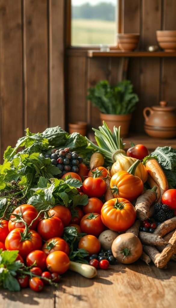 A vibrant still life arrangement showcasing an array of seasonal produce nestled against a rustic wooden backdrop. In the foreground, a bountiful display of freshly harvested vegetables and fruits, their colors and textures alive with the essence of the season. Heirloom tomatoes, leafy greens, juicy berries, and crisp root vegetables are artfully arranged, casting dynamic shadows that add depth and dimension. The midground features a vintage-inspired kitchen setting, complete with a weathered oak table and simple clay dishware, capturing the homespun charm of farm-to-table dining. Soft, natural lighting filters through a window, bathing the scene in a warm, golden glow that evokes a sense of comfort and nourishment. The background fades into a softly blurred landscape, hinting at the pastoral origins of these seasonal delights.