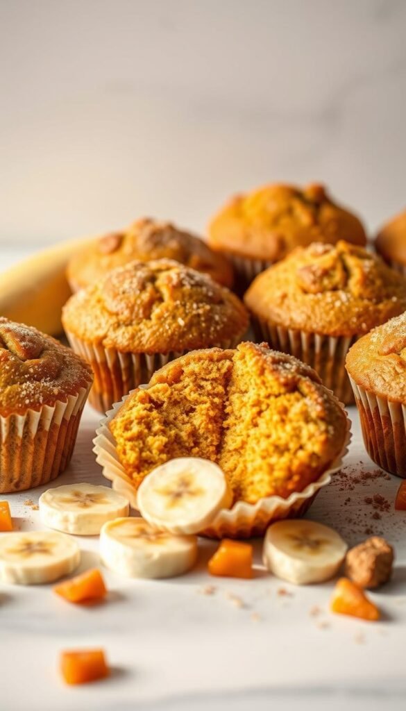A vibrant still life image of freshly baked pumpkin banana muffins, captured in natural daylight against a soft, neutral background. The muffins are arranged neatly, their golden-brown tops glistening with a light dusting of cinnamon sugar. Slices of ripe banana and pieces of candied pumpkin are artfully placed around the muffins, adding pops of color and texture. The lighting is soft and diffused, highlighting the tender crumb and inviting aroma of the muffins. The composition is balanced and visually appealing, emphasizing the homemade, comforting nature of this dairy-free dessert.