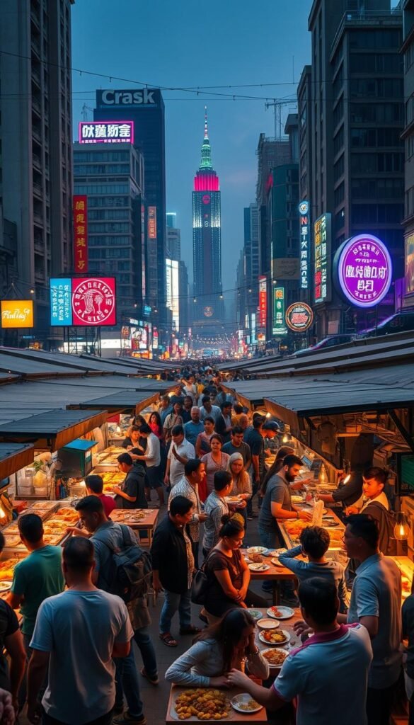 A vibrant street food-inspired gathering in a bustling urban setting. In the foreground, a diverse array of colorful street food stalls offer an enticing selection of global cuisines - sizzling kebabs, steaming dumplings, and fragrant curries. Patrons gather around small tables, sharing plates and lively conversation. The middle ground features a lively mix of locals and tourists, weaving through the crowd, adding to the energetic atmosphere. In the background, a cityscape of towering buildings, neon signs, and string lights create a dynamic, lively backdrop. Warm, soft lighting illuminates the scene, evoking an inviting, celebratory mood. The overall composition conveys a sense of global culinary discovery and community in an urban street food setting.