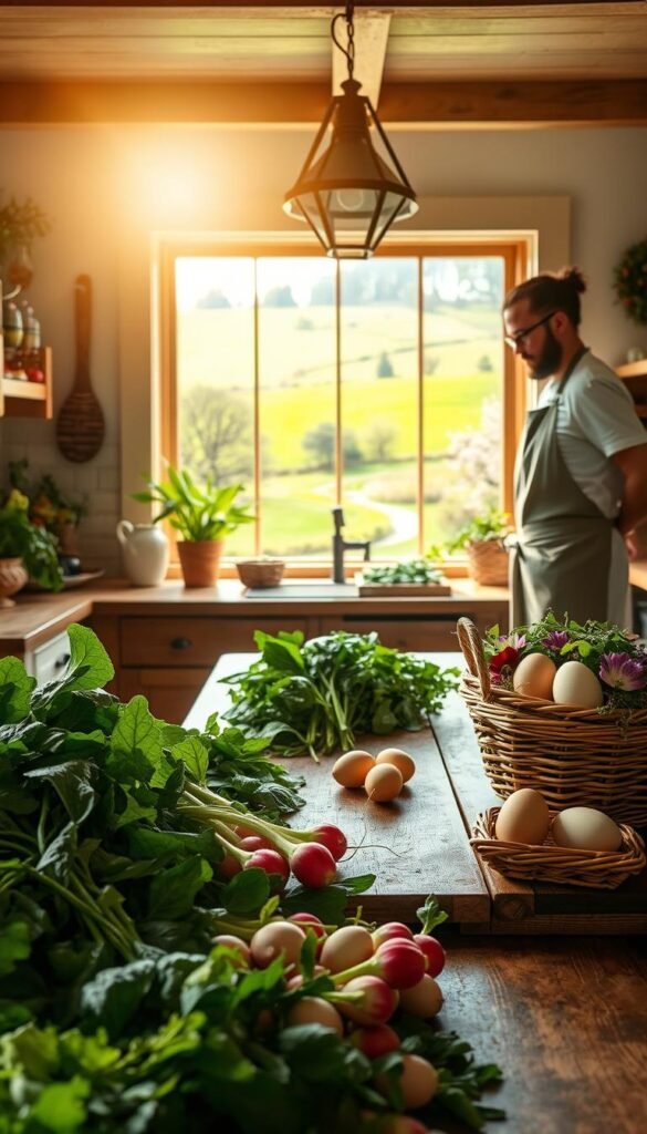 A vibrant, sun-dappled farmhouse kitchen teeming with an abundance of fresh spring produce. In the foreground, an artfully arranged still life of seasonal ingredients - dewy leafy greens, crisp radishes, tender pea shoots, and a rustic wicker basket overflowing with eggs and edible flowers. The middle ground features a wooden farm table, where a simple yet elegant spring menu is being prepared, with a talented chef wearing an apron hard at work. The background showcases a charming pastoral scene through a large window - rolling green hills, a meandering creek, and clusters of fragrant blooming trees. The overall mood is one of rustic simplicity, culinary creativity, and deep connection to the land.