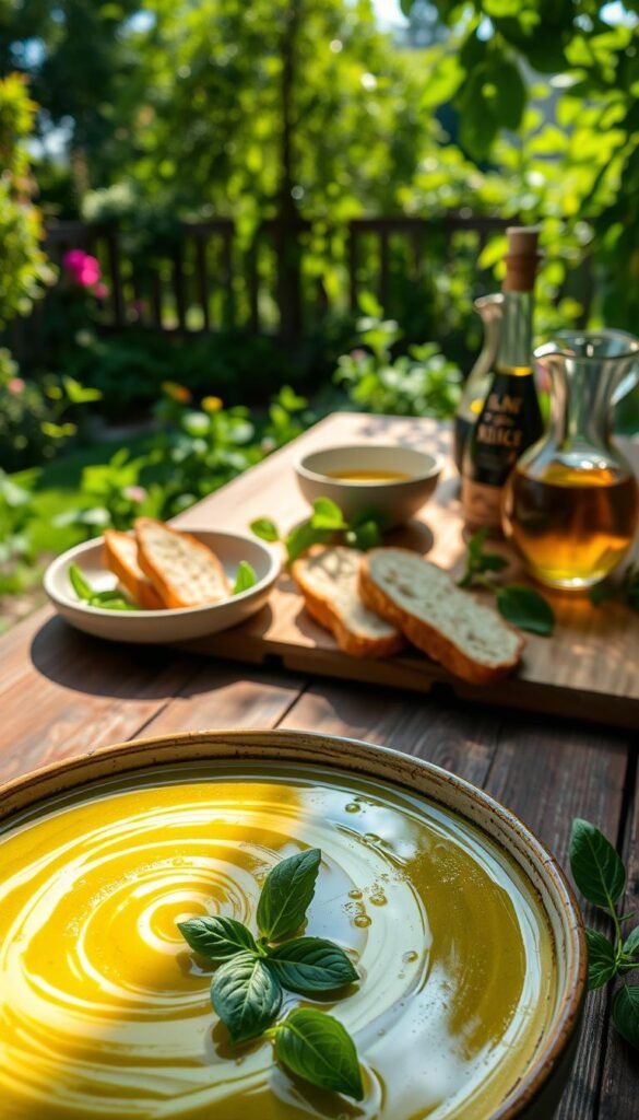 A vibrant, sun-kissed zucchini-basil soup, glistening with fresh olive oil, sits in the foreground of the frame. Delicate sprigs of aromatic basil and a swirl of creamy texture create a soothing, yet flavorful composition. In the middle ground, a rustic wooden table is set with artisanal ceramic bowls, crusty bread, and a carafe of infused olive oil, hinting at the simplicity and elegance of the dish. The background features a lush, verdant garden, with dappled sunlight filtering through the leaves, evoking a sense of summer's abundance and the garden-to-table ethos. The overall mood is one of casual sophistication, inviting the viewer to savor the seasonal flavors and the beauty of nature's bounty.