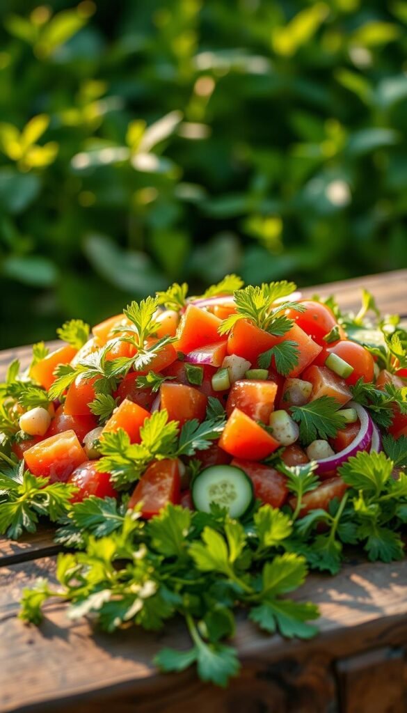 A vibrant tabbouleh salad takes center stage, its fresh parsley leaves, juicy tomatoes, and fragrant mint leaves arranged artfully on a rustic wooden table. Slivers of cucumber and red onion add texture, while a drizzle of lemon-infused olive oil glistens invitingly. The salad is bathed in warm, soft lighting, casting a golden glow that highlights the dish's garden-fresh vibrancy. The composition is framed by a lush, verdant backdrop, suggesting a tranquil outdoor setting perfect for a stunning garden wedding celebration.