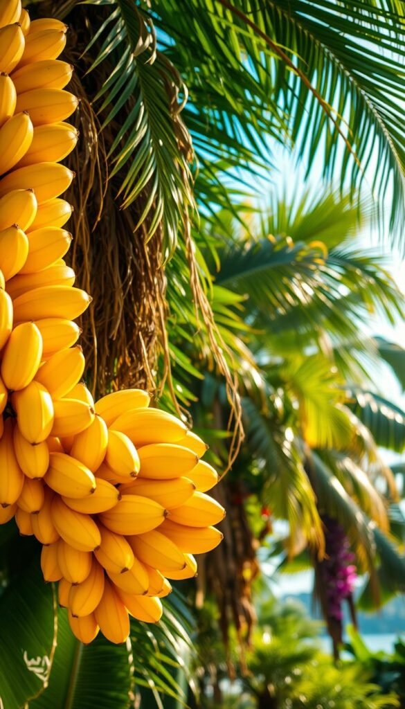 A vibrant tropical display of ripe, golden bananas cascading from a lush, verdant canopy. The foreground features a bountiful cluster of bananas, their curved forms and glossy skins glistening under warm, natural lighting. The middle ground showcases a selection of tropical foliage - broad palm fronds, hanging vines, and verdant plants - creating a lush, jungle-like backdrop. In the distance, a dreamlike, sun-dappled atmosphere evokes a sense of paradise. The overall composition exudes a festive, celebratory mood, perfectly capturing the essence of a "Banana Bonanza" display for a destination wedding.