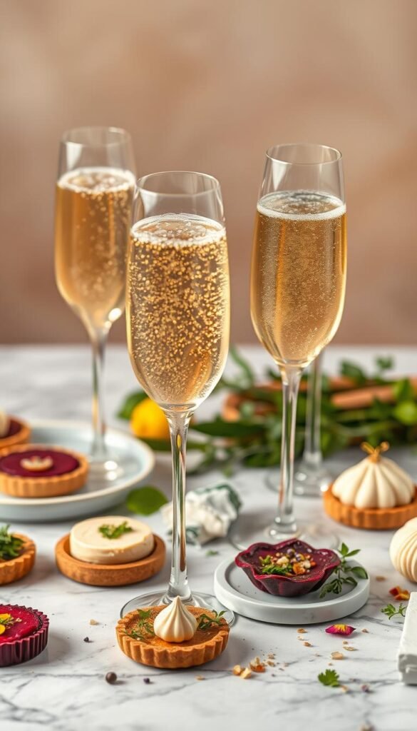 A visually captivating still life showcasing a selection of champagne flutes paired with an assortment of specialized dietary alternatives. In the foreground, crystal clear champagne flutes filled with shimmering golden bubbles rest upon a marble surface. Surrounding the flutes are an array of delectable plant-based hors d'oeuvres, such as a creamy cashew-based cheese, a vibrant beet tartlet, and a zesty lemon-infused vegan meringue. The middle ground features a variety of garnishes, including fresh herbs, edible flowers, and a scattering of glistening gold leaf. The background is softly blurred, allowing the champagne and its complementary pairings to take center stage, bathed in warm, diffused lighting that enhances the celebratory mood.