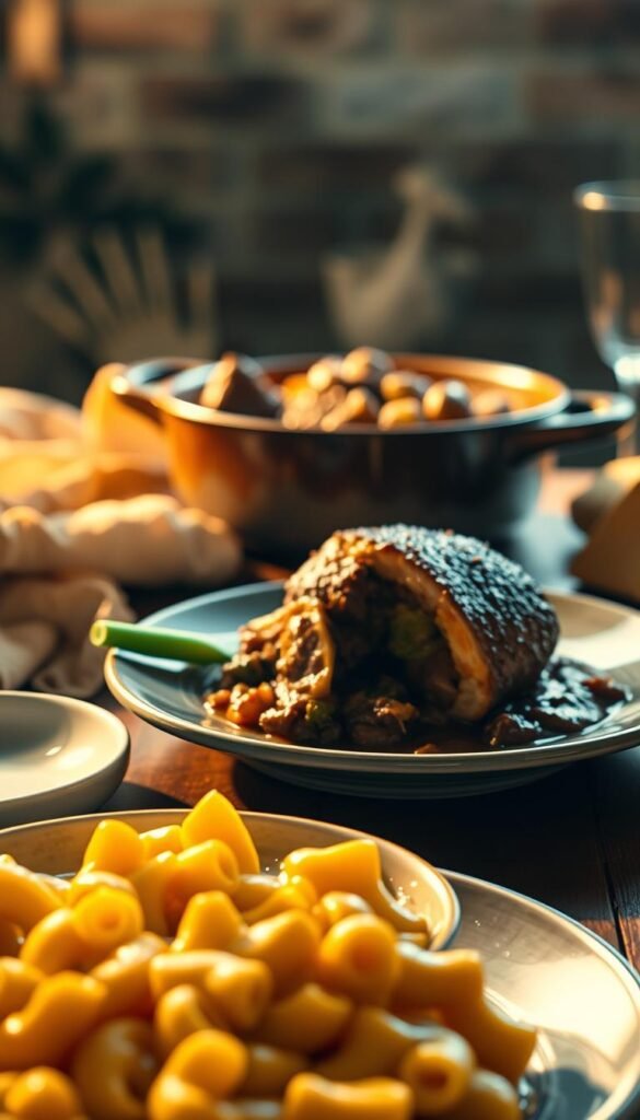 A visually striking scene depicting the evolution of comfort food through the ages. In the foreground, a steaming bowl of classic macaroni and cheese, its golden cheese sauce glistening. In the middle ground, a rustic pot roast with tender meat and hearty vegetables, a comforting family meal. In the background, a modern interpretation of comfort food - a beautifully plated dish featuring a deconstructed shepherd's pie, with a whimsical twist. The lighting is warm and inviting, casting a nostalgic glow over the scene. The composition is balanced, guiding the viewer's eye through the progression of comfort food traditions. The overall mood is one of nostalgia, tradition, and culinary innovation. A visually striking scene depicting the evolution of comfort food through the ages. In the foreground, a steaming bowl of classic macaroni and cheese, its golden cheese sauce glistening. In the middle ground, a rustic pot roast with tender meat and hearty vegetables, a comforting family meal. In the background, a modern interpretation of comfort food - a beautifully plated dish featuring a deconstructed shepherd's pie, with a whimsical twist. The lighting is warm and inviting, casting a nostalgic glow over the scene. The composition is balanced, guiding the viewer's eye through the progression of comfort food traditions. The overall mood is one of nostalgia, tradition, and culinary innovation.
