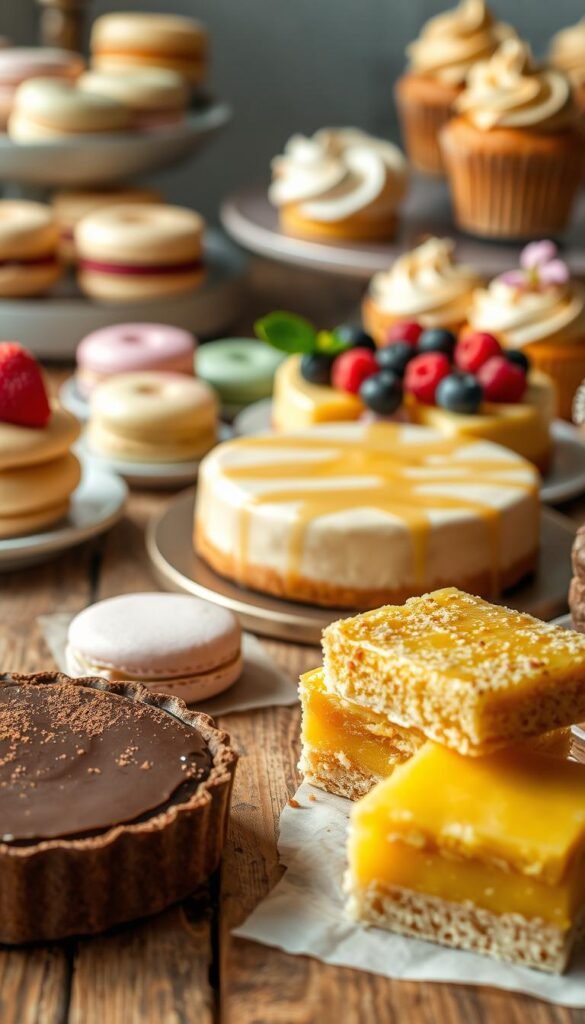A visually stunning array of gluten-free vegan desserts, beautifully arranged on a rustic wooden table. In the foreground, a decadent chocolate tart with a thick, silky filling and a dusting of cocoa powder. Alongside it, a stack of moist, crumbly lemon bars with a vibrant yellow hue. In the middle ground, a creamy cashew-based cheesecake, topped with fresh berries and a drizzle of honey-like syrup. In the background, a selection of delicate macarons in pastel shades, and a tray of fluffy, golden-brown cupcakes with swirls of creamy frosting. Soft, natural lighting casts a warm, inviting glow across the scene, accentuating the rich textures and vibrant colors of these irresistible plant-based treats.