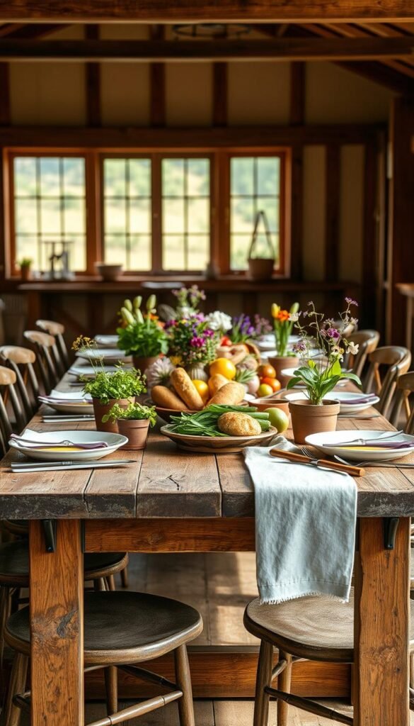 A warm and inviting farm table set for a farm-to-table meal, bathed in soft natural light streaming through large windows. The rustic wooden table is adorned with fresh seasonal produce, artisanal bread, and a simple yet elegant tableware arrangement. Potted herbs and wildflowers add pops of vibrant color, while the weathered wooden chairs invite guests to linger and savor the flavors of the locally sourced ingredients. The atmosphere is one of simple elegance, celebrating the bounty of the land and the joy of shared meals. An airy, relaxed mood with a touch of rustic charm.