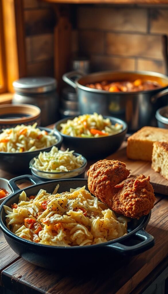A warm, rustic kitchen scene featuring an array of classic Southern comfort foods. In the foreground, a cast-iron skillet sizzles with crispy fried chicken, golden brown and delicious. Beside it, a plate overflows with creamy mashed potatoes, studded with flecks of black pepper. In the middle ground, a large bowl brims with tangy, vinegary coleslaw, its vibrant shreds of cabbage and carrots glistening. In the background, a simmering pot of hearty, tomato-based Brunswick stew bubbles away, its rich aroma filling the air. Soft, buttery cornbread sits on a wooden cutting board, begging to be torn into and slathered with honey. The scene is bathed in a warm, golden light, capturing the comforting, homespun atmosphere of traditional Southern cuisine.