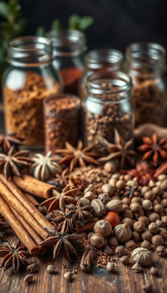 A warm-toned, rustic still life featuring an assortment of whole and ground winter spices, arranged on a wooden surface. In the foreground, a mix of cinnamon sticks, star anise, cloves, nutmeg, and cardamom pods are displayed. In the middle ground, glass jars filled with ground ginger, allspice, and a blend of mulling spices create visual depth. The background showcases a moody, soft-lit setting with hints of greenery, evoking the cozy atmosphere of a winter wedding menu. A warm-toned, rustic still life featuring an assortment of whole and ground winter spices, arranged on a wooden surface. In the foreground, a mix of cinnamon sticks, star anise, cloves, nutmeg, and cardamom pods are displayed. In the middle ground, glass jars filled with ground ginger, allspice, and a blend of mulling spices create visual depth. The background showcases a moody, soft-lit setting with hints of greenery, evoking the cozy atmosphere of a winter wedding menu.