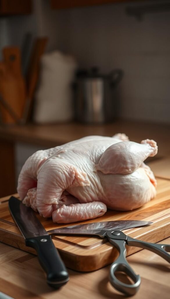 A well-lit kitchen counter, with a wooden cutting board and a whole, raw chicken placed on it. Close-up view, highlighting the natural textures and details of the chicken - the skin, the wings, the legs. In the foreground, a sharp chef's knife and a pair of kitchen shears, ready to prepare the chicken. Soft, diffused lighting from the side creates a warm, inviting atmosphere. The scene conveys a sense of culinary preparation, with a focus on the hands-on process of getting the chicken ready for cooking.