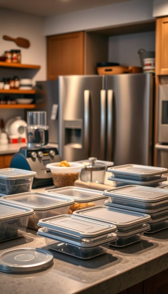 A well-lit kitchen countertop displaying an array of freezer meal prep tools. In the foreground, a neatly arranged set of containers, lids, and reusable storage bags. In the middle ground, a food processor, measuring cups, and a rolling pin. In the background, a stainless steel refrigerator and shelves stocked with spices and other cooking essentials. The lighting is warm and inviting, with a soft, natural glow illuminating the scene. The overall atmosphere conveys a sense of organization, efficiency, and culinary preparedness.