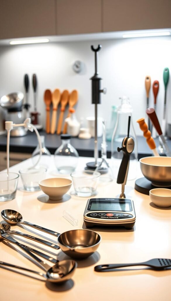 A well-lit kitchen countertop showcases an array of essential molecular gastronomy tools. In the foreground, a set of precision measuring spoons, digital kitchen scale, and a variety of small bowls and containers for preparing ingredients. In the middle ground, a handheld immersion blender, culinary torch, and silicone spatulas stand ready. The background features a modernist-style siphon, liquid nitrogen dewar, and a collection of scientific-looking beakers and pipettes. The lighting is bright and even, creating a clean, professional atmosphere suitable for the serious home chef exploring the wonders of molecular cuisine.