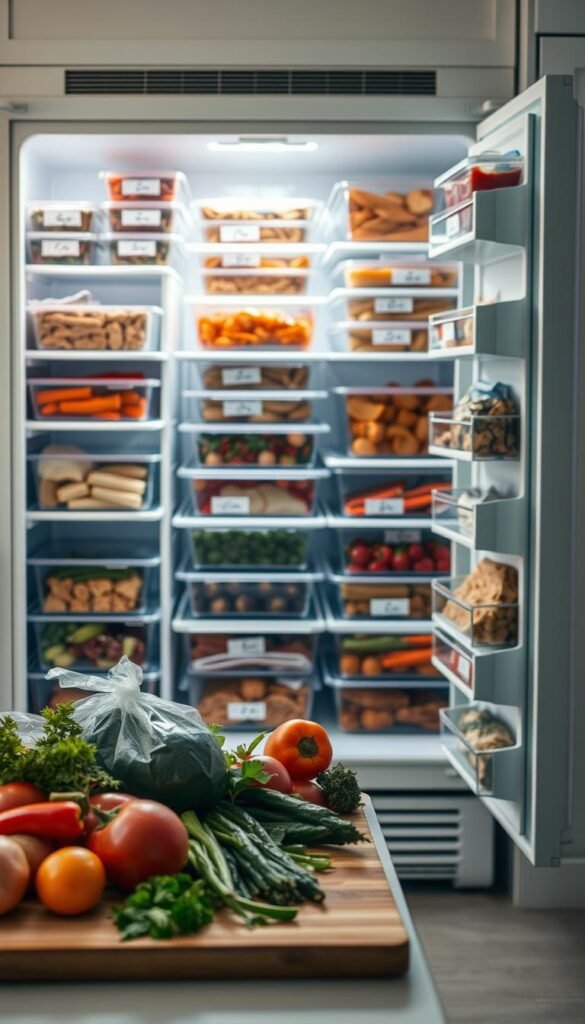 A well-stocked freezer filled with an array of neatly organized, homemade meals. The containers are meticulously labeled, showcasing a variety of hearty, wholesome dishes. In the foreground, a selection of ingredients - fresh vegetables, proteins, and herbs - sit atop a wooden cutting board, hinting at the culinary preparation. Soft, natural lighting casts a warm glow, creating an inviting and organized atmosphere. The middle ground features a sleek, modern refrigerator, its interior revealed to display the meticulously arranged freezer shelves. The background blends a minimalist kitchen setting, with clean lines and subtle, neutral tones that complement the overall scene of efficient meal planning and preparation.