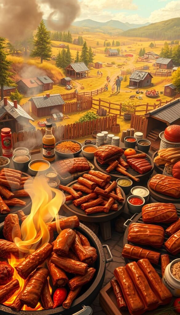 A wide assortment of regional barbecue styles across the United States, showcased in a richly detailed illustration. In the foreground, various slow-smoked meats sizzle over open-flame pits, their aromas mingling with billowing smoke. The middle ground features a diverse array of sauces, rubs, and accompaniments, reflecting the unique culinary traditions of different BBQ regions. In the background, a patchwork of wooden fences, tin-roofed shacks, and verdant landscapes evoke the rustic charm of backyard barbecues. Warm, golden lighting illuminates the scene, casting a cozy, inviting atmosphere. The image captures the essence of America's vibrant and flavorful BBQ culture.