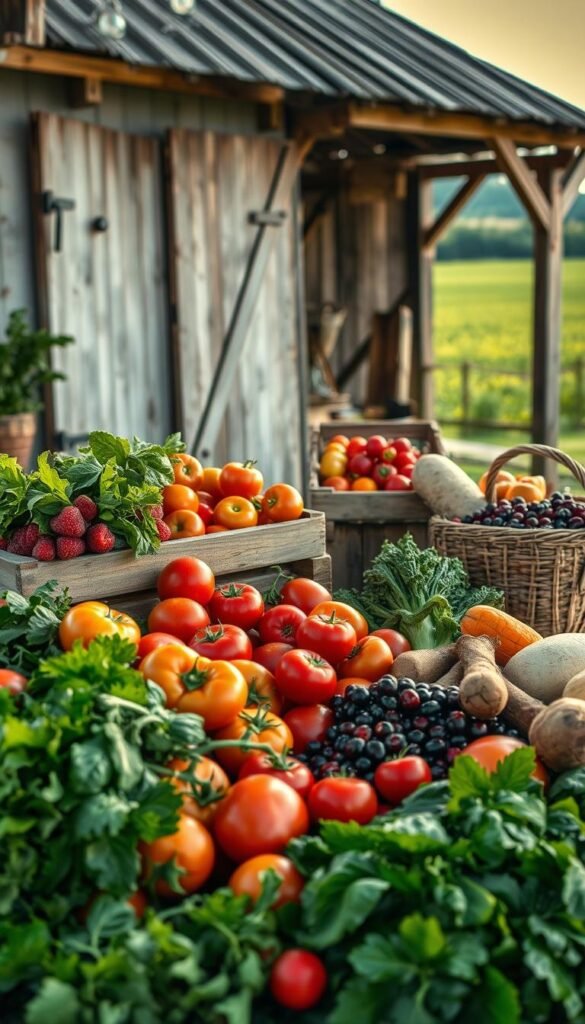 An artfully arranged still life of fresh produce from local farms, captured in warm, natural lighting. In the foreground, an assortment of vibrant vegetables and fruits - juicy tomatoes, crisp greens, plump berries, and earthy root vegetables. In the middle ground, wooden crates and rustic baskets overflowing with the bounty of the season. The background features the weathered exterior of a traditional farmhouse, with a lush, verdant field stretching out beyond. The overall composition evokes a sense of abundance, simplicity, and the joy of cooking with the freshest, locally-sourced ingredients.