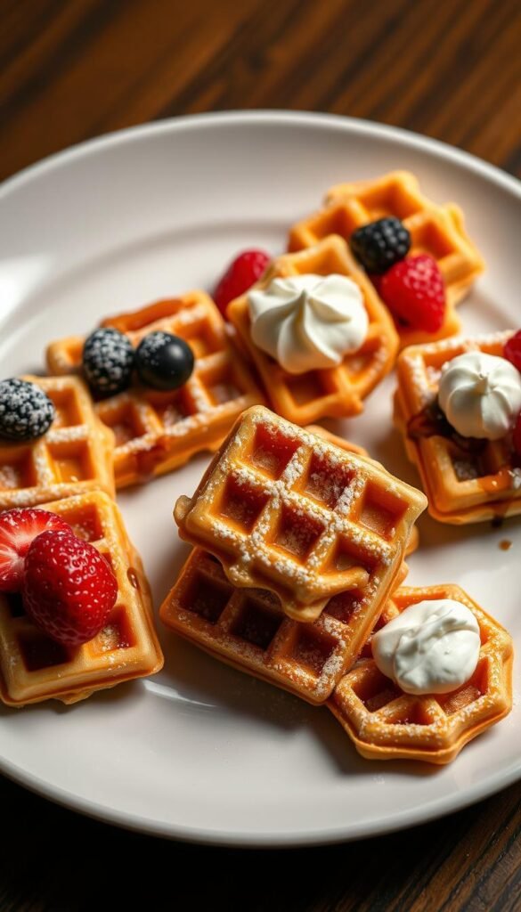 An assortment of miniature golden-brown waffles, perfectly crisp and fluffy, arranged on a white ceramic plate. Each waffle is topped with a variety of enticing toppings, such as powdered sugar, fresh berries, a drizzle of maple syrup, and a dollop of whipped cream. The waffles are positioned in a visually appealing manner, with some tilted slightly and others stacked, creating a sense of depth and visual interest. The lighting is soft and indirect, casting a warm, inviting glow on the scene. The overall mood is cozy, comforting, and mouthwatering, evoking the feeling of an indulgent late-night snack.