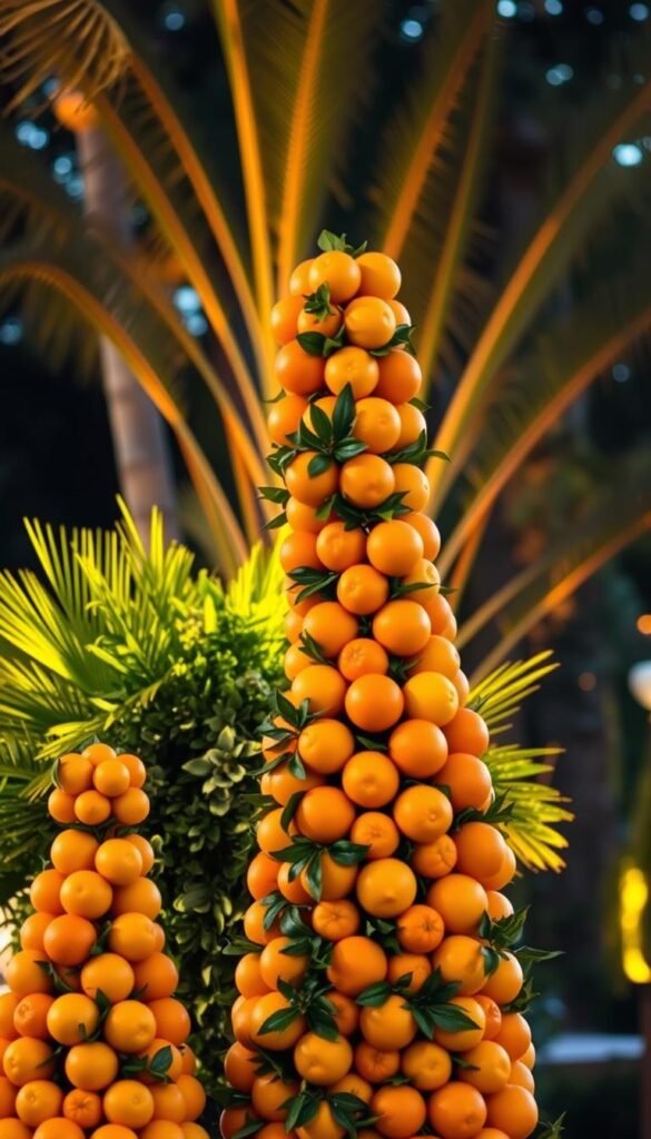 An elegant display of citrus fruit towers for a tropical wedding celebration. In the foreground, towering arrangements of ripe oranges and lemons, meticulously stacked and cascading in a visually striking design. The middle ground features lush greenery, possibly palm fronds or eucalyptus, adding a verdant backdrop. The background is illuminated by warm, golden-hour lighting, casting a soft, ethereal glow over the entire scene. The overall mood is one of refined elegance and natural beauty, perfectly capturing the essence of "Citrus Elegance: Orange and Lemon Towers" for a destination wedding.