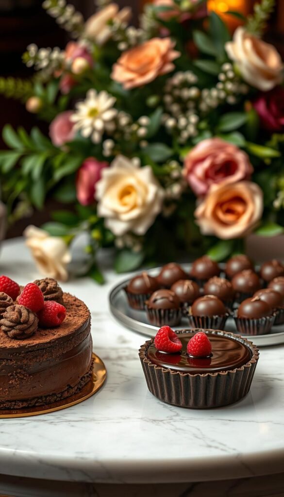 An elegant display of decadent chocolate desserts, arranged on a marble table. In the foreground, a rich, fudgy chocolate torte adorned with fresh raspberries and a dusting of cocoa powder. Beside it, a delicate chocolate mousse tart, its silky filling topped with a shiny mirror glaze. In the middle ground, a platter of artfully presented chocolate truffles, each one a unique flavor and texture. The background features a lush, verdant floral arrangement, complementing the indulgent treats. Soft, warm lighting casts a romantic glow, creating an inviting, celebratory atmosphere for this special occasion.