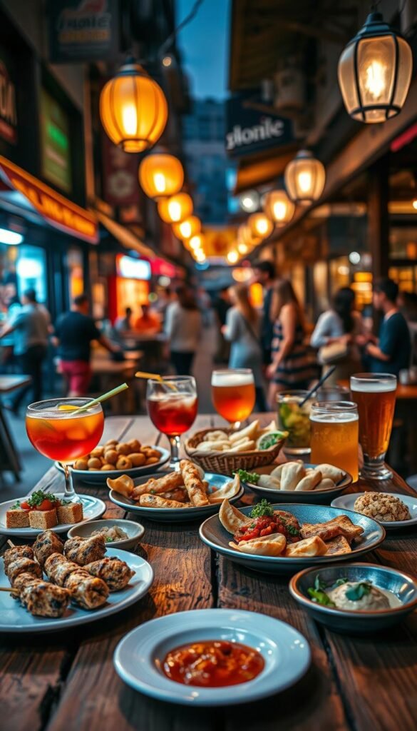 An intimate street food scene, with various small plates and drinks artfully arranged on a worn wooden table. In the foreground, a selection of global street food favorites - skewers, dumplings, and handheld snacks - nestled alongside colorful cocktails and craft beers. The middle ground features a bustling urban backdrop, with the soft glow of lanterns and the casual energy of a lively night market. Warm, natural lighting casts a cozy, inviting atmosphere, inviting the viewer to imagine the mouthwatering flavors and the shared experience of global cuisine. A sense of cultural fusion and culinary adventure permeates the frame, capturing the spirit of discovering new taste sensations.