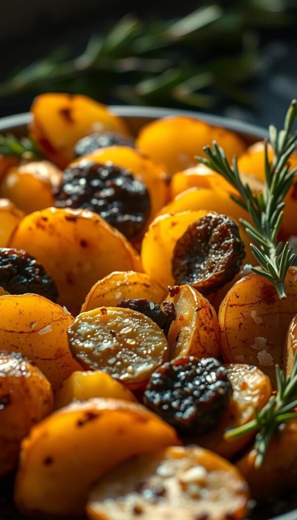 Artfully arranged roasted potatoes, their golden-brown skins glistening under the warm spotlight. Sliced truffles, their rich, earthy aroma infusing each morsel, nestled between the fluffy potato wedges. Rosemary sprigs and a sprinkle of coarse sea salt add a rustic elegance. The scene is captured in a crisp, high-resolution close-up, with a shallow depth of field that draws the eye to the shimmering, truffle-flecked potatoes. Soft, diffused lighting casts a luxurious glow, creating a sophisticated and appetizing atmosphere.