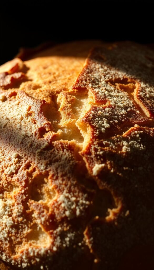 Artisan bread texture, close-up view of the intricate surface with distinct patterns and pockets of air. Warm, golden-brown crust with a slight sheen, capturing the rustic charm. Soft, airy interior revealed through the delicate crumb structure. Dramatic side lighting accentuates the depth and dimensionality of the bread, casting shadows that highlight the irregular contours. Crisp, high-resolution detail to showcase the handcrafted quality and the care taken in the baking process. Evoke the inviting aroma and satisfying texture of artisanal bread, the perfect complement to any bread basket.