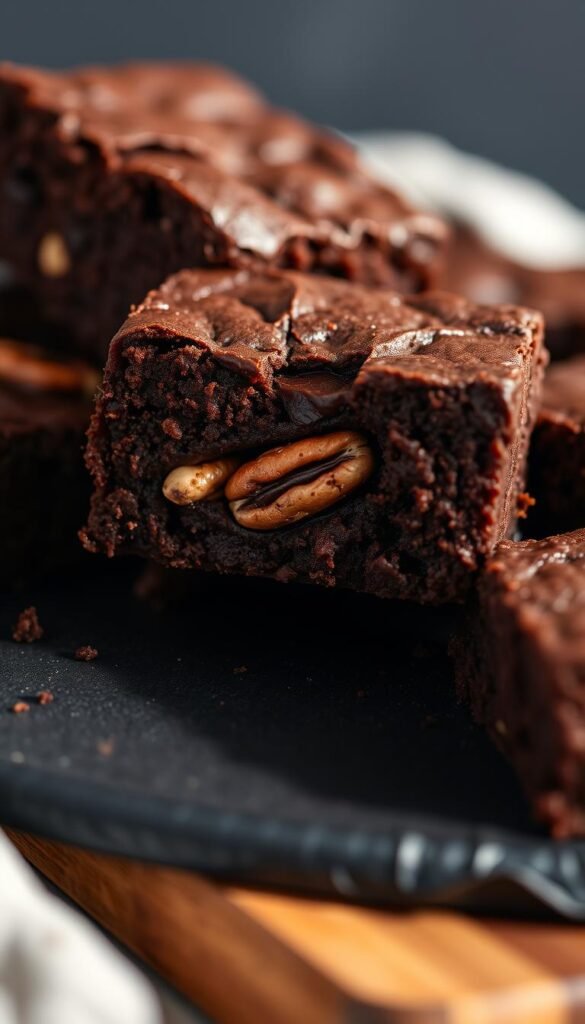Decadent dairy-free chocolate brownies, freshly baked with a rich, fudgy texture. A close-up shot showcases the glossy, crackly top, revealing the intense chocolate interior. Walnuts or pecans are nestled within the dense, moist cake, adding a delightful crunch. Soft, ambient lighting casts warm shadows, emphasizing the luxurious quality of the dessert. The brownies are presented on a wooden board or dark plate, creating a rustic, earthy contrast. The overall scene evokes a sense of indulgence and comfort, perfectly capturing the essence of a dairy-free chocolate treat.