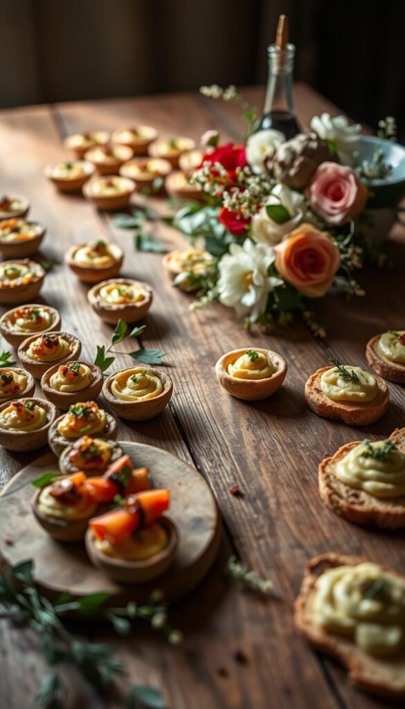 Delectable gluten-free wedding appetizers elegantly arranged on a rustic wooden table. Beautifully presented hors d'oeuvres, including mini quiches, savory tartlets, and bite-sized stuffed mushrooms, alongside vibrant veggie skewers and creamy avocado toasts. Soft, indirect lighting casts a warm glow, complementing the natural textures and earthy tones. The table is adorned with fresh flowers, greenery, and delicate touches, creating an inviting and visually appealing display. The composition is balanced, with a focus on the mouthwatering gluten-free treats, conveying a sense of celebration and culinary delight.